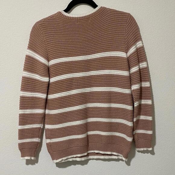 Long Sleeve Striped Crew Neck Knit Sweater Pink and White Small Cozy Comfy - Picture 3 of 4